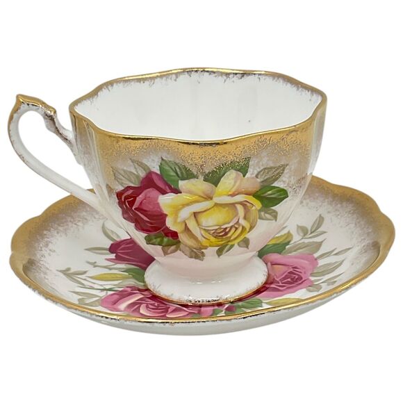Lady Sylvia Queen Anne Teacup and Saucer Pink Yellow Red Rose Gold Gilt Trim - Picture 4 of 7